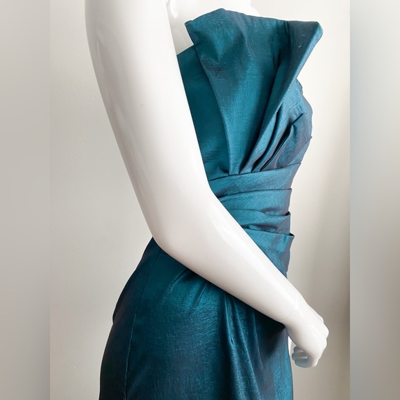 Jessica McClintock Teal Shantung Column Gown Maxi Dress Draped Ruched Wedding 8 - Picture 6 of 8